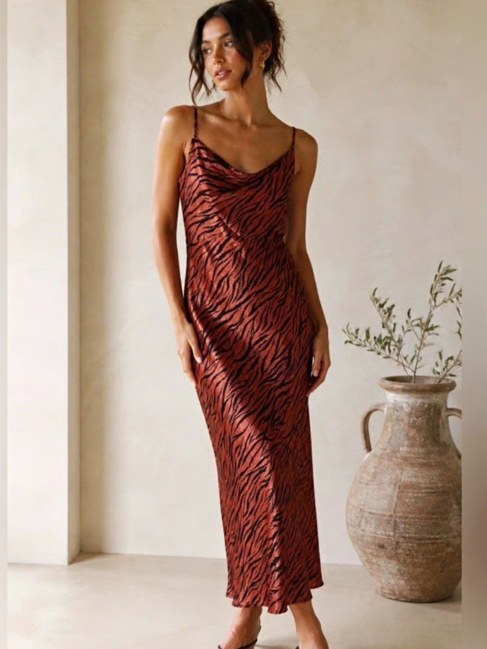 Anthropologie Elyse bias-cut tiger print slip maxi dress cowl neck size small